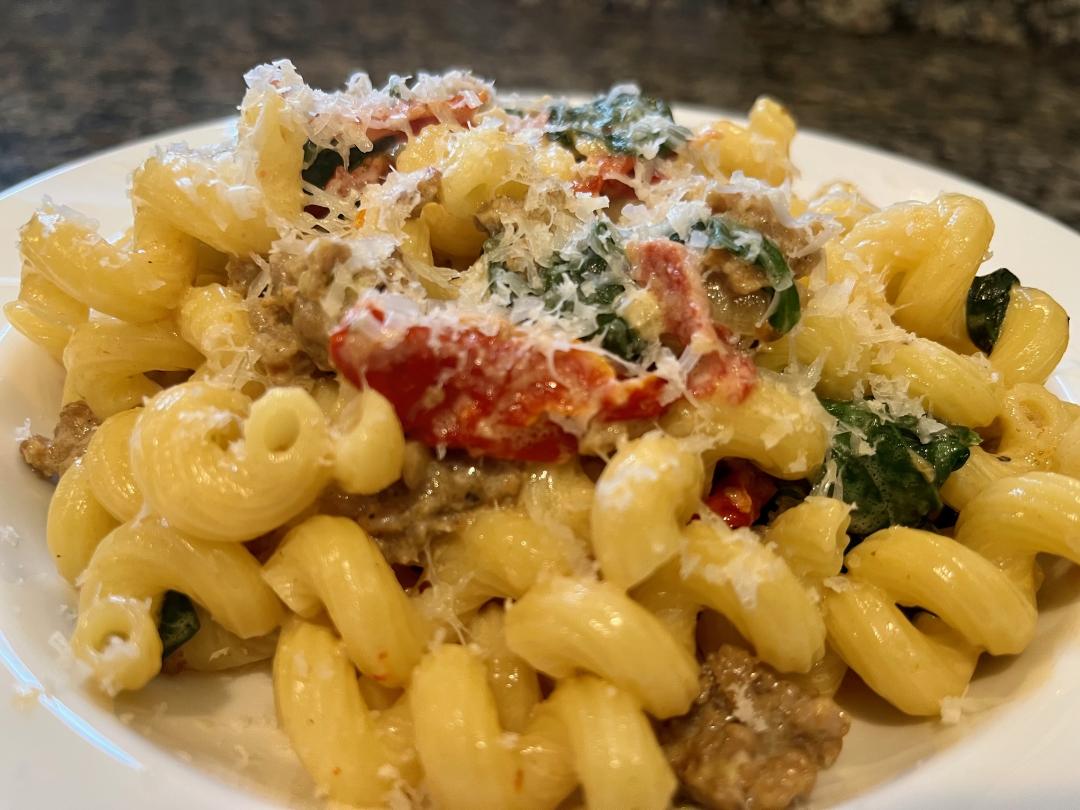 Featured image for “Creamy Italian Sausage Pasta with Sun Dried Tomatoes and Spinach”